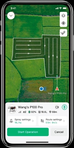 Captura de la pantalla con la planificación de rutas de la APP XAG One en teléfono móvil