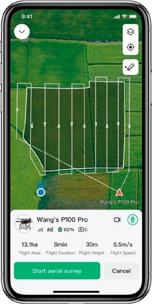 Captura de la pantalla mostrando las rutas de la APP Realterra 2 de XAG en un teléfono móvil